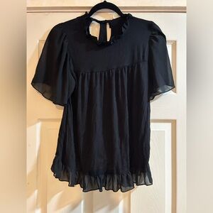 Kim & Cami Black Ruffle-Trim Short Sleeve Blouse